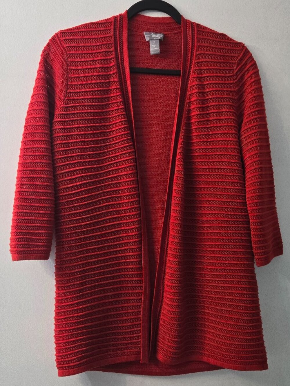 Chico’s Travelers Size 1 (medium 8-10) Red open cardigan 3/4 Sleeve Open Front